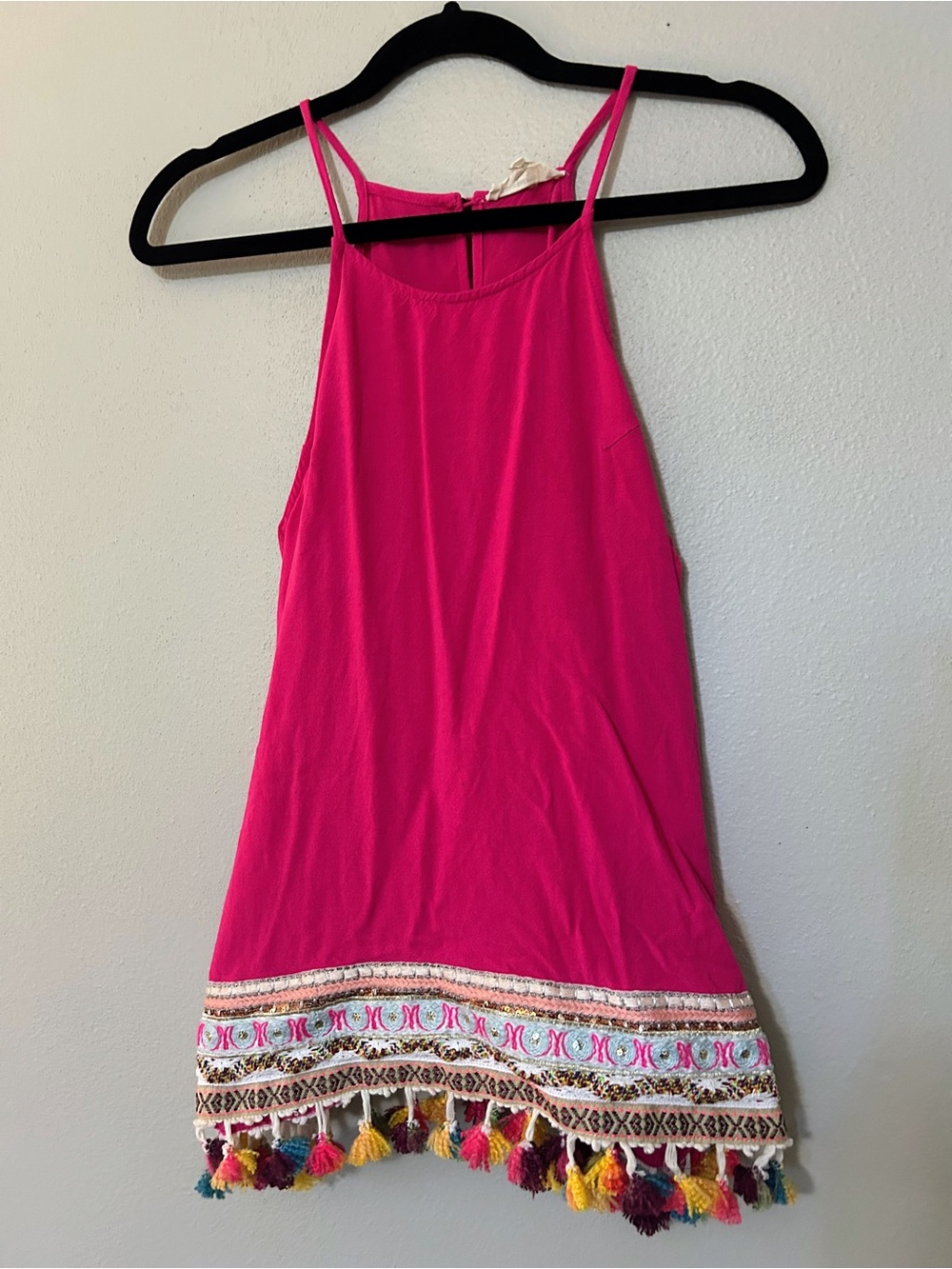 Women’s Entro Hot Pink Hippie Boho Tassel Hem Tank Top